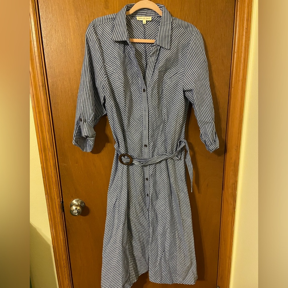 Parallel Skies Beachy Button Down Sz LRG Sun Dress Blue & White Stripes W/ Belt